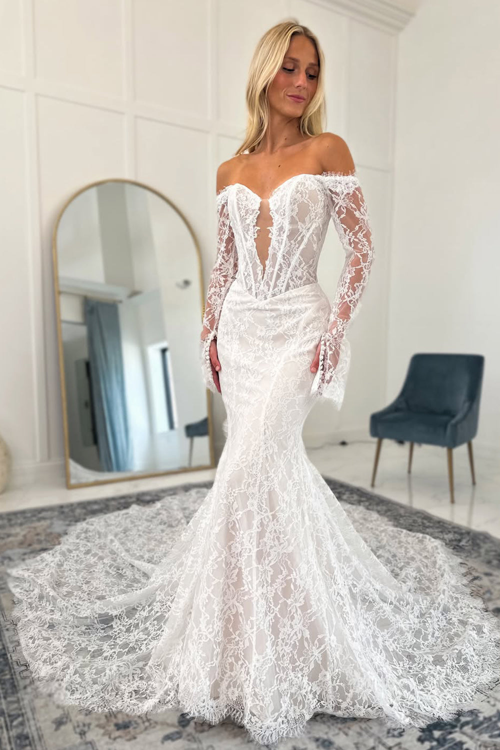 Boho Mermaid Off the Shoulder Lace Wedding Dresses JP26070882