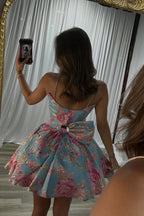 A Line Scoop Neck Jacquard Satin Short Homecoming Dresses JP070633