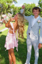 Blush Pink Ruffle Strap Mini Homecoming Dress with Side Cutouts JP25092904