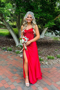 Sparkly Mermaid Strapless Red Hot Fix Satin Prom Dress JP070873