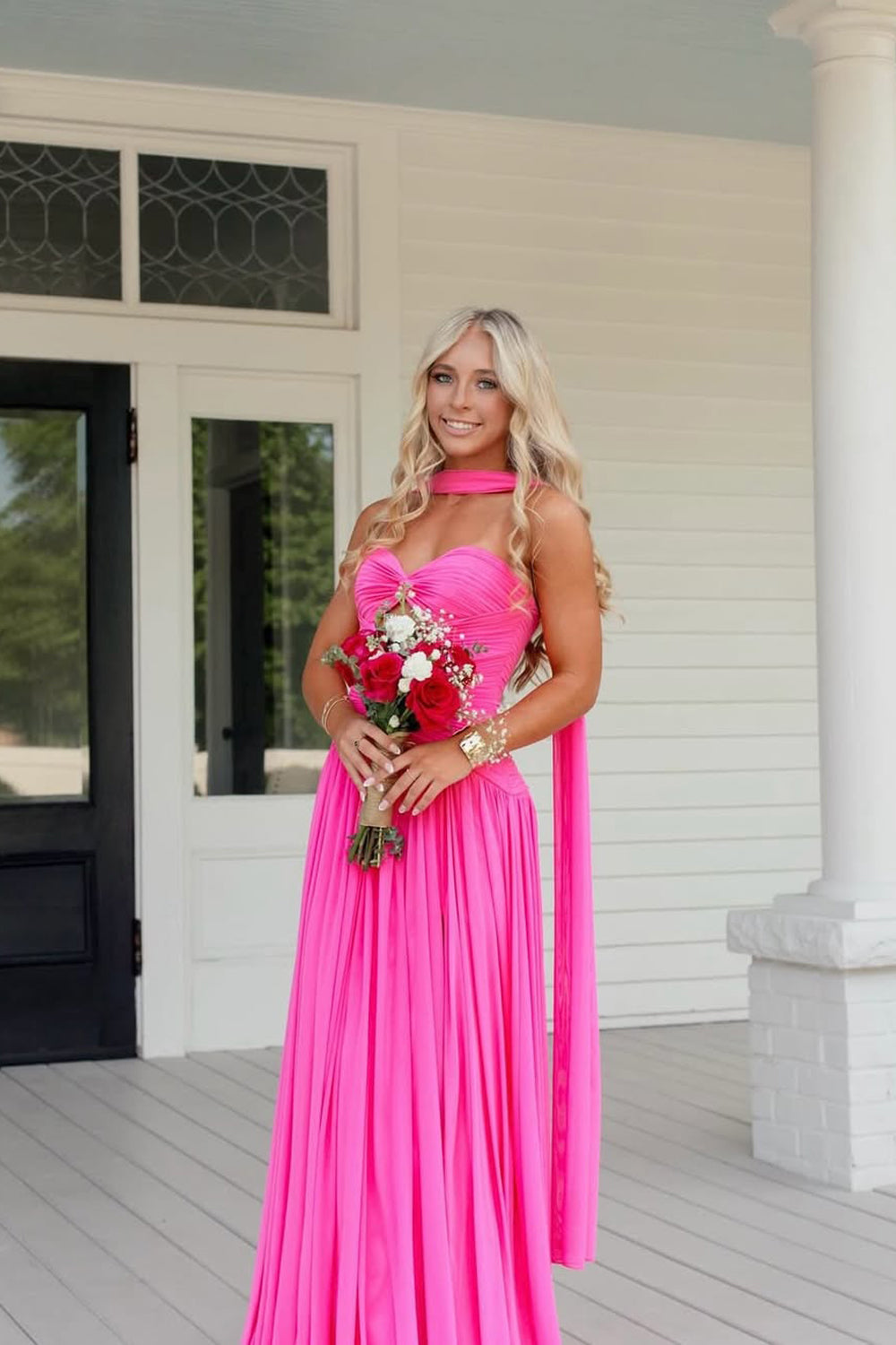A Line Sweetheart Keyhole Pink Chiffon Prom Dress JP070845