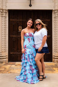 Sheath Strapless Blue Floral Chiffon Tiered Long Prom Dress JP070831