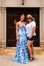 Sheath Strapless Blue Floral Chiffon Tiered Long Prom Dress JP070831