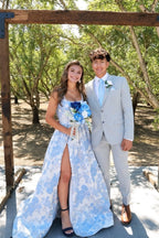 A Line Square Neck Light Blue Jacquard Satin Prom Dress with Beading JP070833