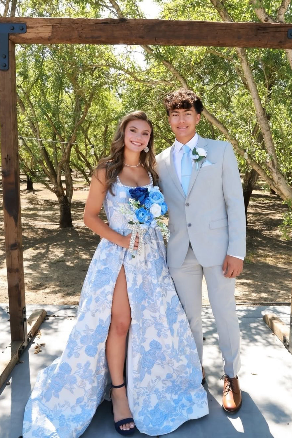 A Line Square Neck Light Blue Jacquard Satin Prom Dress with Beading JP070833