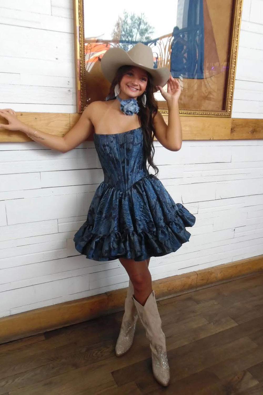 A-Line Scoop Neck Navy Jacquard Satin Short Homecoming Party Dresses JP062521