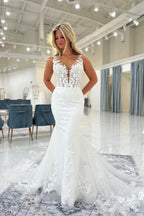 Mermaid V Neck Lace Wedding Dresses with Appliques JP26070878