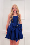 A Line Scoop Neck Blue Satin Short Homecoming Dress with Beading JP071508