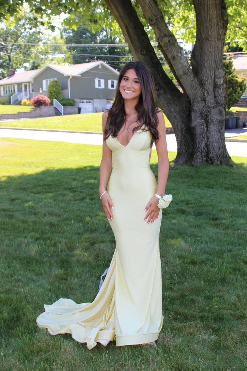 Mermaid V Neck Daffodil Stretch Satin Prom Dress JP070814