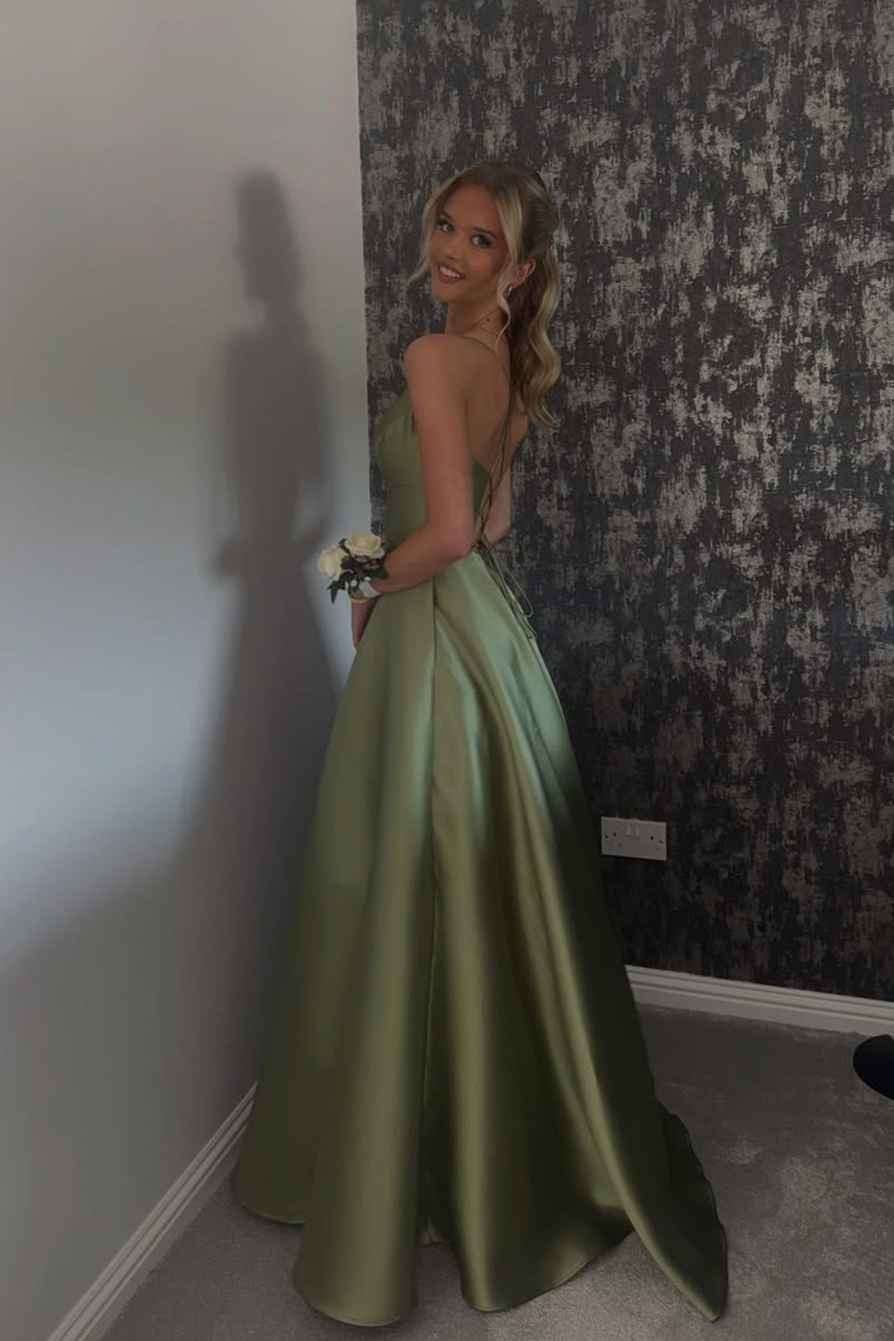 A Line V Neck Sage Green Satin Long Prom Dress with Pockets JP070807