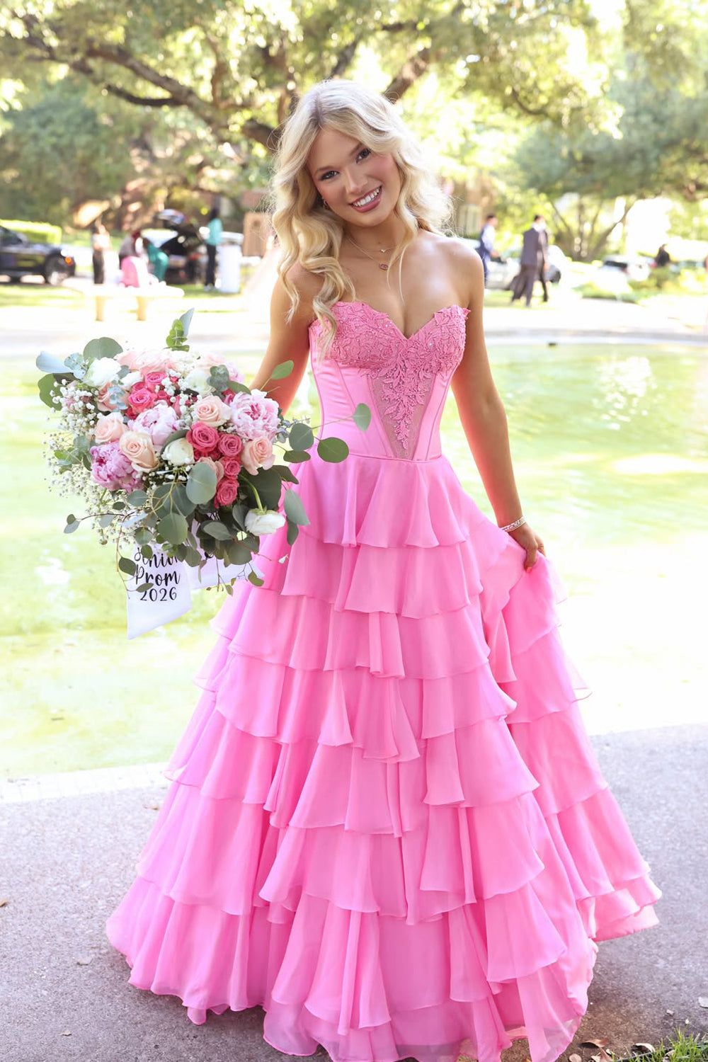Unique A Line Sweetheart Pink ChiffonLong Prom Dresses JP070851