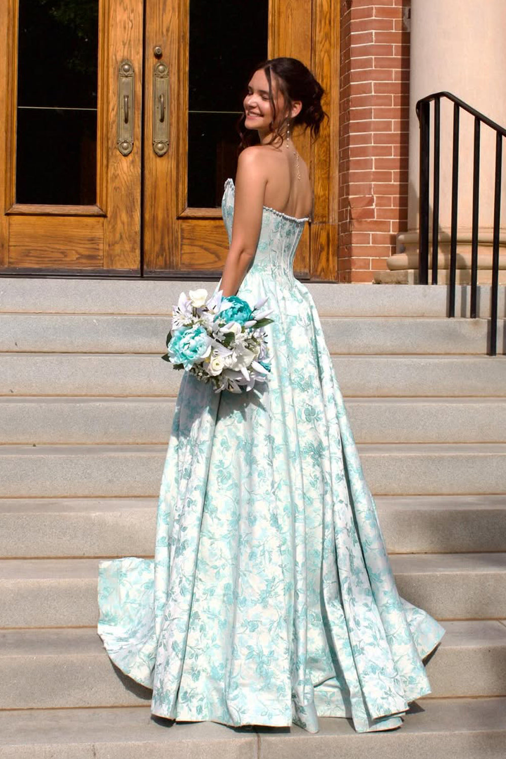 A Line Scoop Neck Jacquard Satin Prom Dress with Beading JP070872