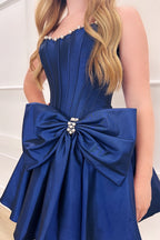 A Line Scoop Neck Blue Satin Short Homecoming Dress with Beading JP071508