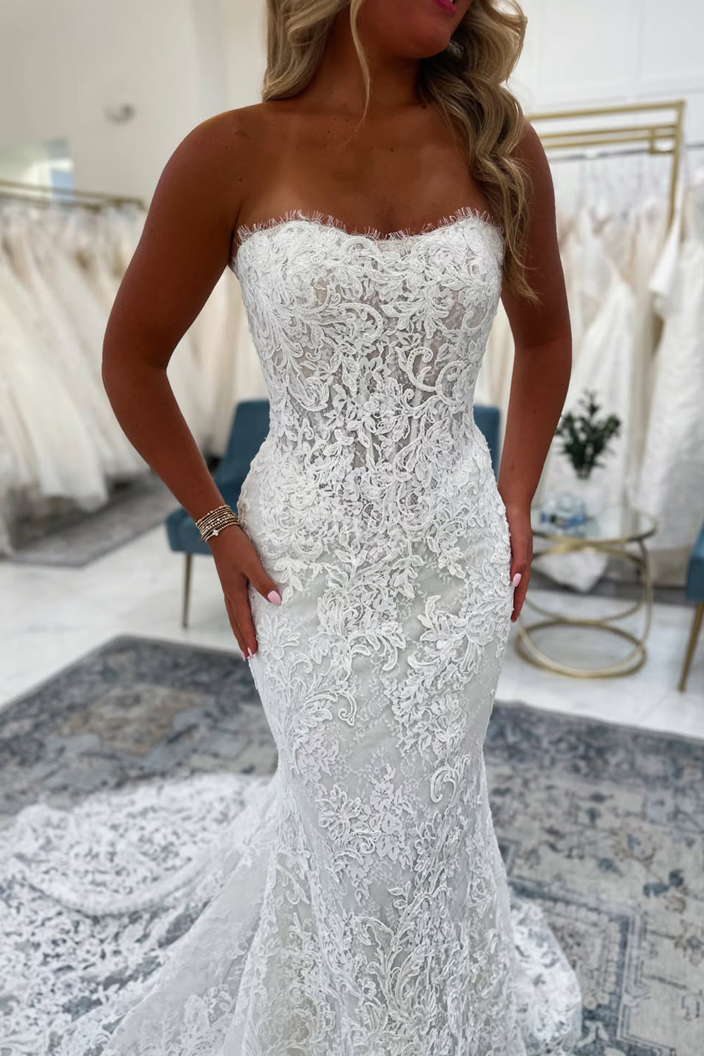 Lace Mermaid Strapless Long Wedding Dresses with Appliques JP070931