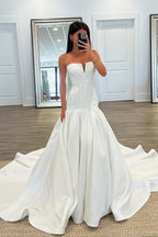 Boho Mermaid Strapless Satin Wedding Dresses with Appliques JP070928