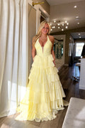 Daffodil V Neck A Line Chiffon Tiered Prom Dress with Hot Fix JP070702