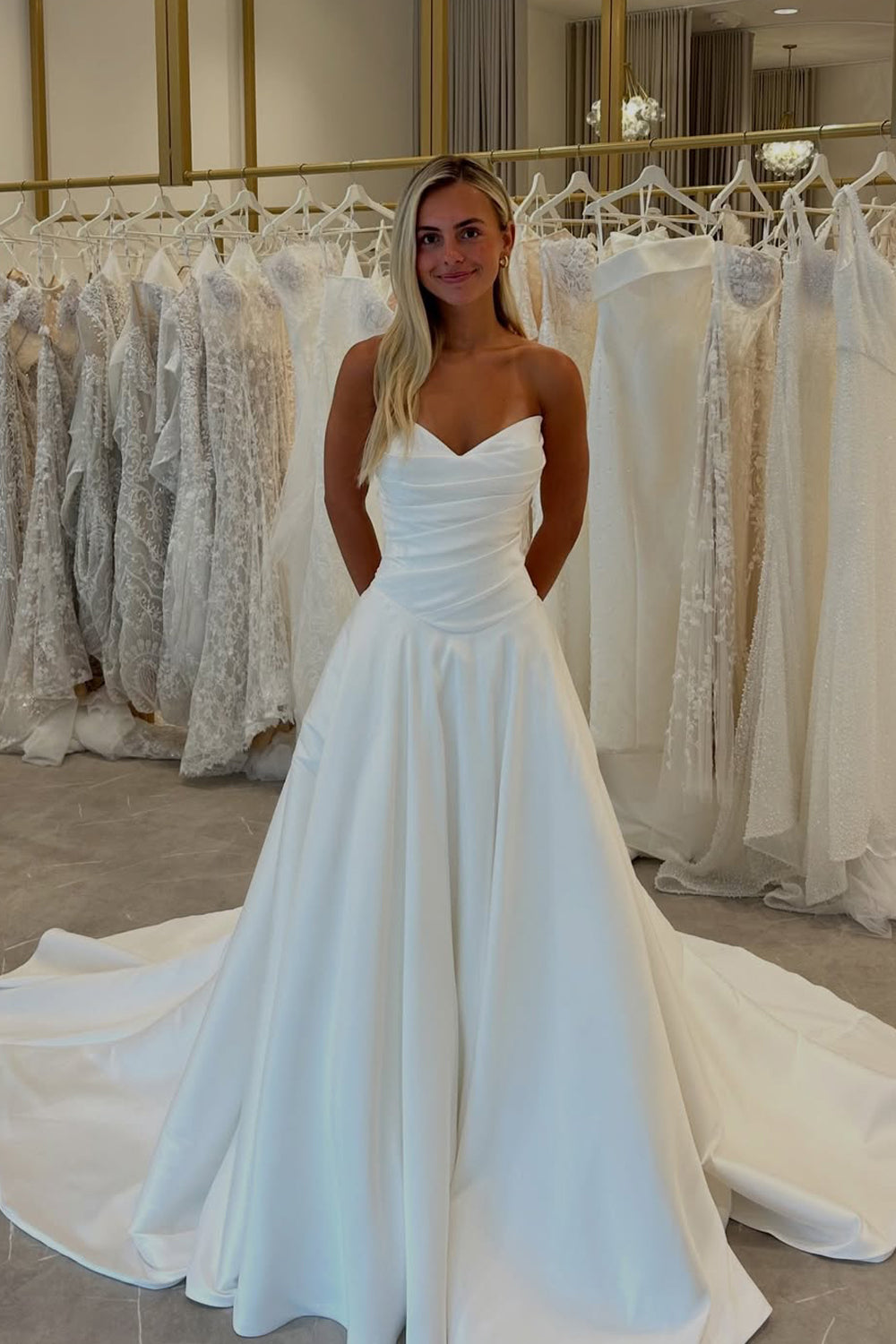 Boho A Line V Neck Satin Pleat Wedding Dresses JP26070893