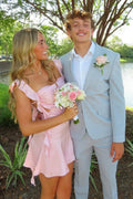 Blush Pink Ruffle Strap Mini Homecoming Dress with Side Cutouts JP25092904