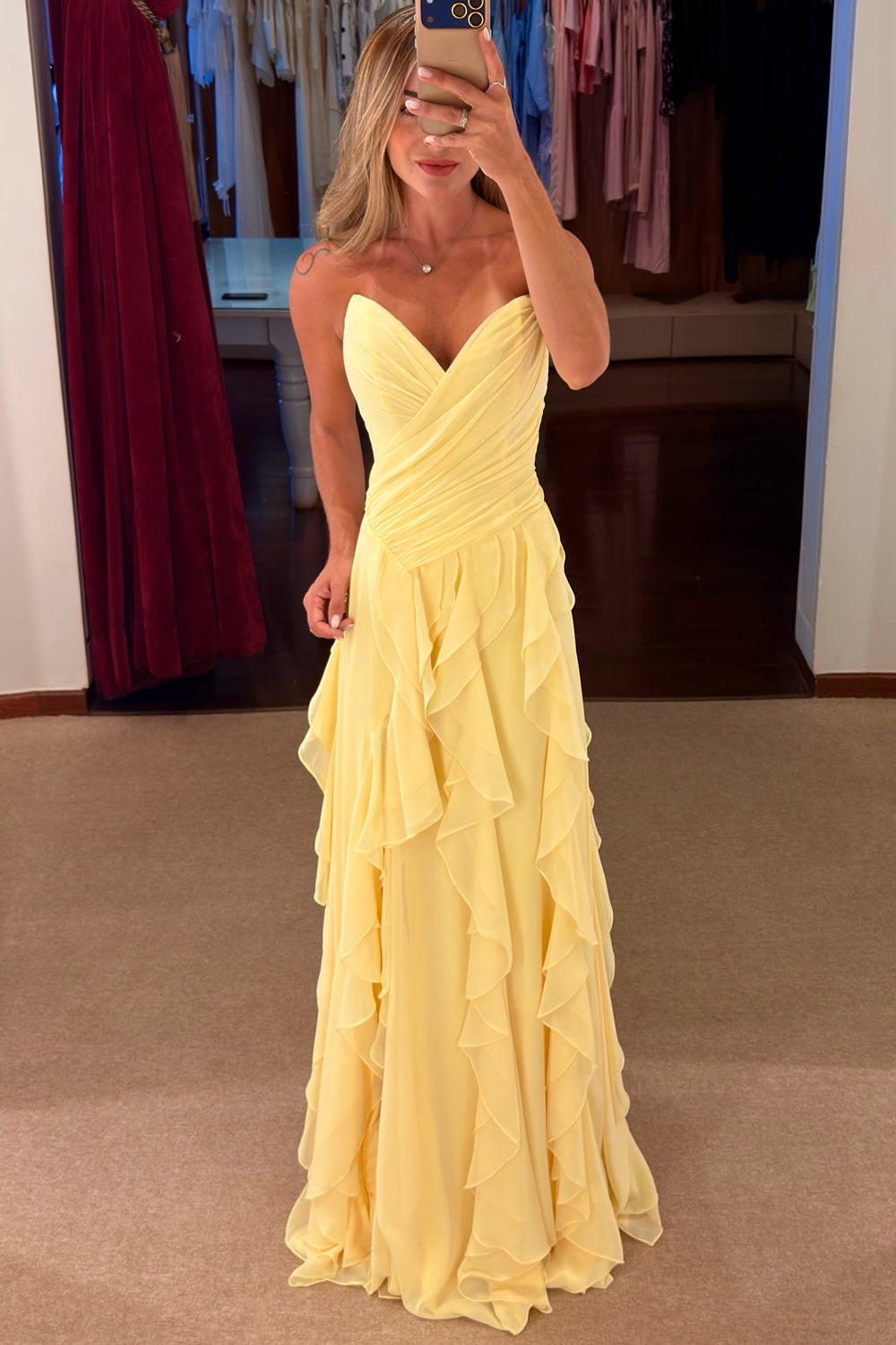 A Line Sweetheart Yellow Ruffled Chiffon Prom Dress JP082510