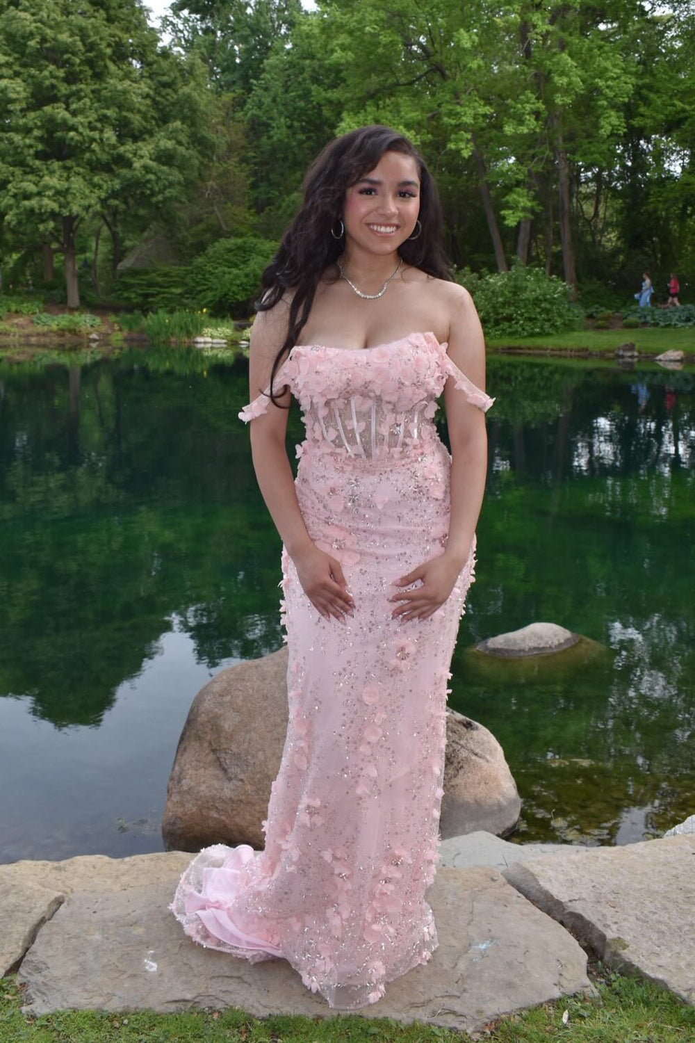 Mermaid Off the Shoulder Blush Pink Lace Prom Dress JP070707