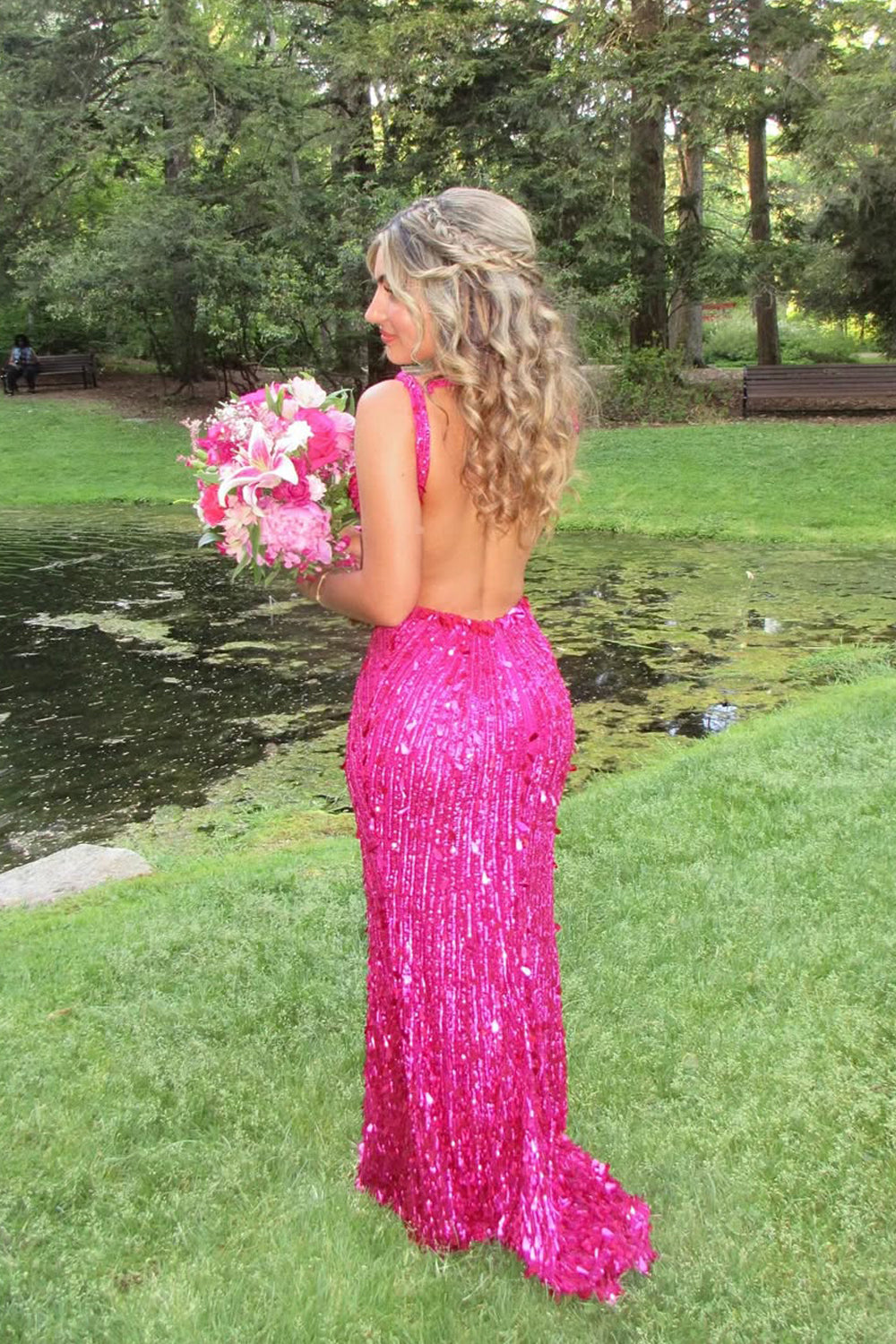 Fuchsia Sequins V Neck Long Prom Dress with Beading JP070837