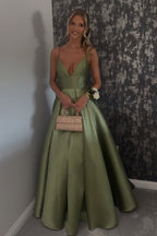 A Line V Neck Sage Green Satin Long Prom Dress with Pockets JP070807