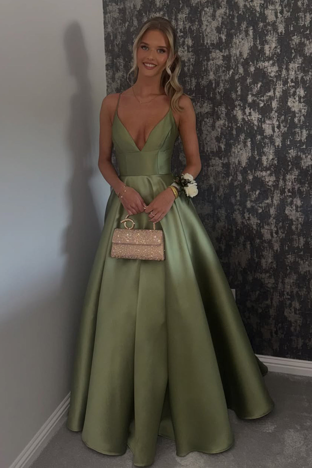 A Line V Neck Sage Green Satin Long Prom Dress with Pockets JP070807