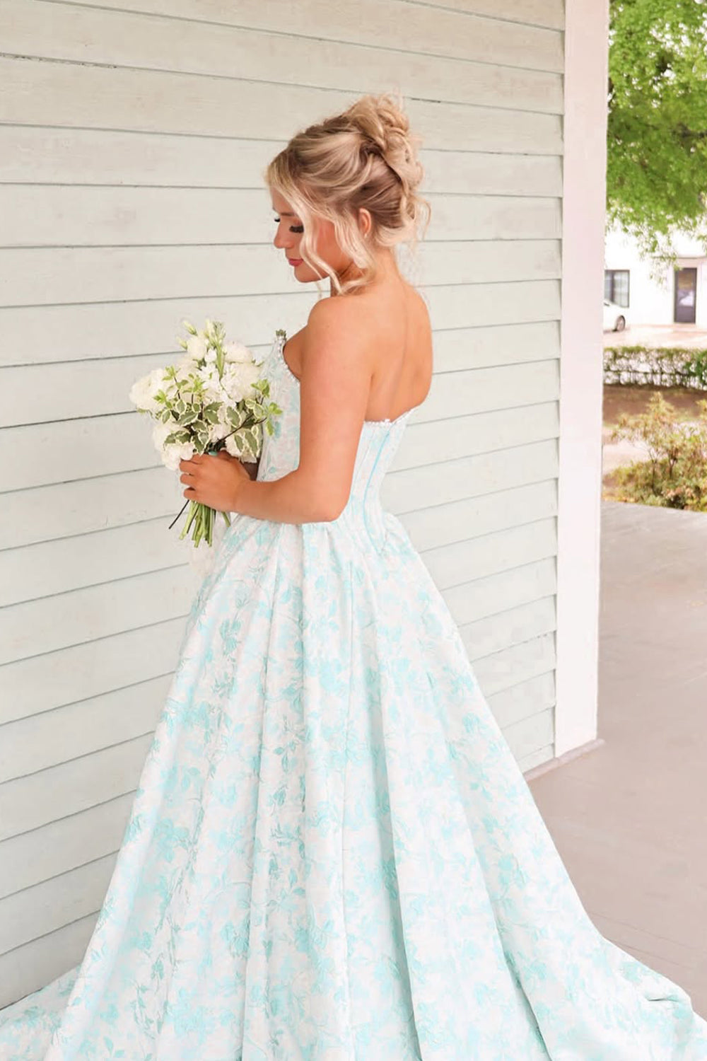 A Line Scoop Neck Jacquard Satin Long Prom Dress with Pearls JP070863