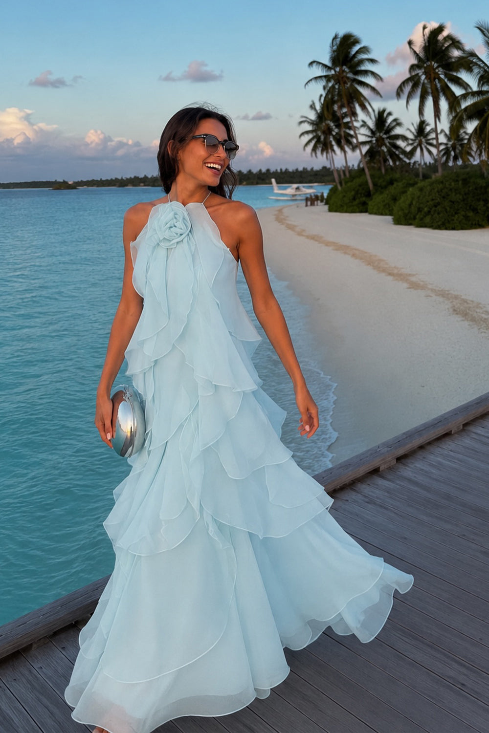 A Line Light Blue Chiffon Long Dresses Summer Dresses JP070701