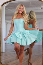 A Line Strapless Mint Satin Short Homecoming Dresses with Beading JP072201