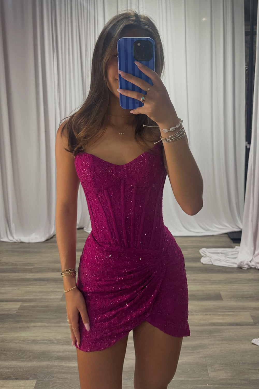 Tight Strapless Fuchsia Lace Short Homecoming Dress with Hot Fix JP082505
