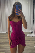 Tight Strapless Fuchsia Lace Short Homecoming Dress with Hot Fix JP082505