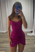 Tight Strapless Fuchsia Lace Short Homecoming Dress with Hot Fix JP082505